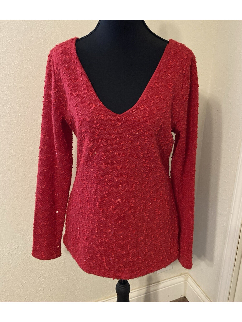 Jennifer Lopez Women’s Sparkly Red Blouse Holiday Medium Long Sleeve V Neck